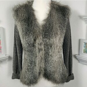 LaSeine Gray Rib w/Faux Fur Sweater -Warm Cozy Fun Sophisticated Vintage XL
